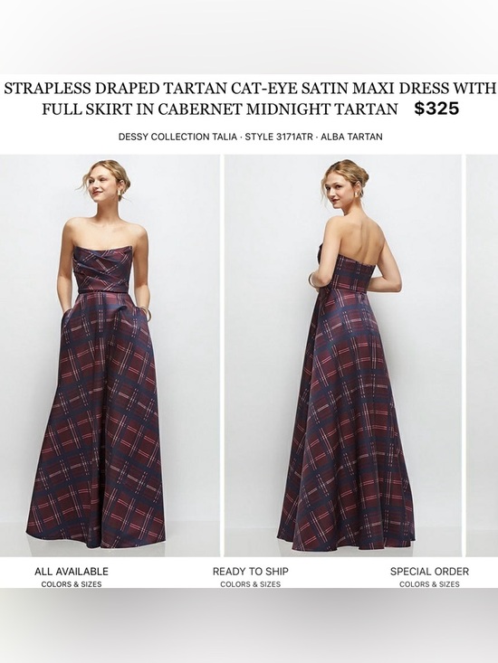 Dessy Collection Dresses & Skirts - Dessy Collection Strapless Tartan Satin Maxi Dress in Cabernet and Midnight